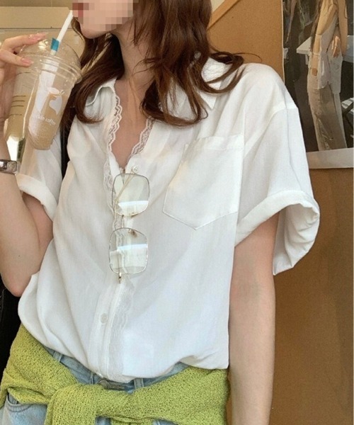 Miniministore(ミニミニストア)の「シャツブラウス 襟付き 半袖 レディース(シャツ/ブラウス・レディース・ホワイト/ネイビー・FREE)」の4枚目の写真