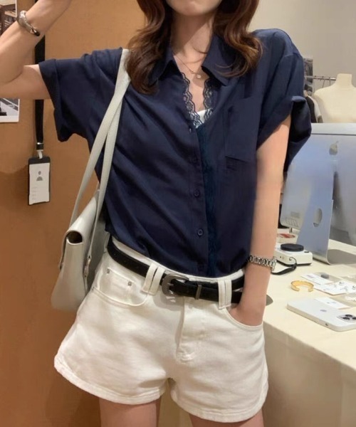 Miniministore(ミニミニストア)の「シャツブラウス 襟付き 半袖 レディース(シャツ/ブラウス・レディース・ホワイト/ネイビー・FREE)」の10枚目の写真