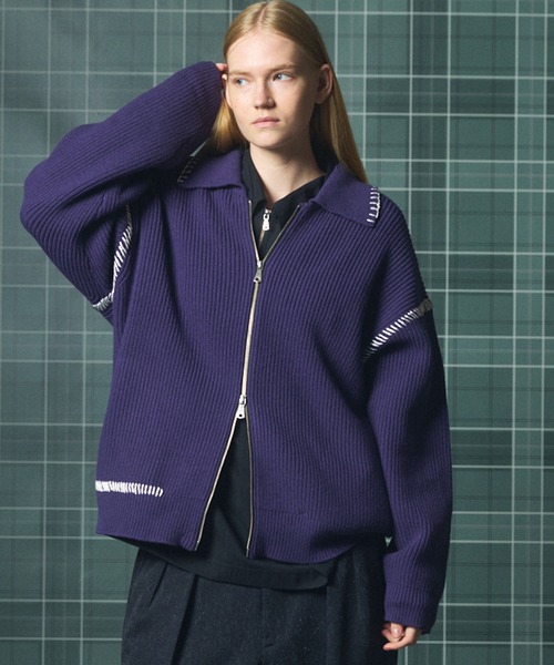 MAISON SPECIAL（メゾンスペシャル）の「《UNISEX》ハンドステッチプライムオーバー襟付きジップカーディガン/Hand Stitch Prime-Over Collared Zip-up Cardigan【MAISON SPECIAL/メゾンスペシャル】（カーディガン/ボレロ・メンズ・チャコールグレー/パープル/レッド/ブラック・0/1/2）」の3枚目の写真