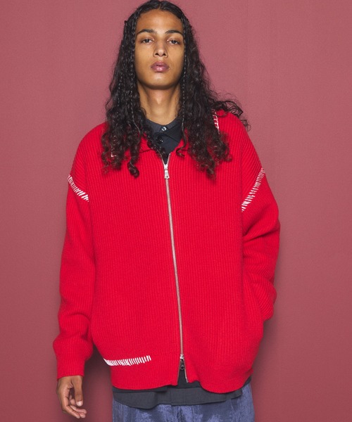 MAISON SPECIAL（メゾンスペシャル）の「《UNISEX》ハンドステッチプライムオーバー襟付きジップカーディガン/Hand Stitch Prime-Over Collared Zip-up Cardigan【MAISON SPECIAL/メゾンスペシャル】（カーディガン/ボレロ・メンズ・チャコールグレー/パープル/レッド/ブラック・0/1/2）」の4枚目の写真