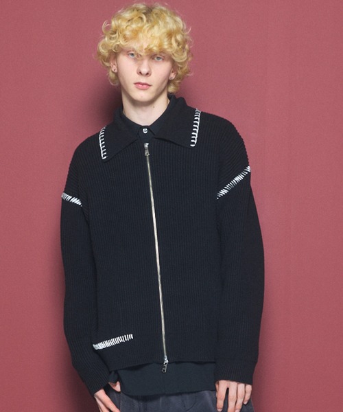 MAISON SPECIAL（メゾンスペシャル）の「《UNISEX》ハンドステッチプライムオーバー襟付きジップカーディガン/Hand Stitch Prime-Over Collared Zip-up Cardigan【MAISON SPECIAL/メゾンスペシャル】（カーディガン/ボレロ・メンズ・チャコールグレー/パープル/レッド/ブラック・0/1/2）」の2枚目の写真