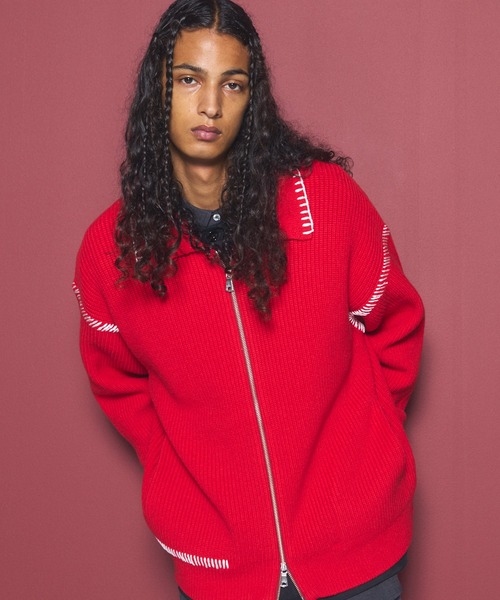 MAISON SPECIAL（メゾンスペシャル）の「《UNISEX》ハンドステッチプライムオーバー襟付きジップカーディガン/Hand Stitch Prime-Over Collared Zip-up Cardigan【MAISON SPECIAL/メゾンスペシャル】（カーディガン/ボレロ・メンズ・チャコールグレー/パープル/レッド/ブラック・0/1/2）」の20枚目の写真