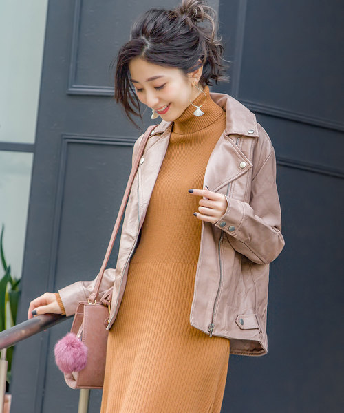 Fashion Letter（ファッションレター）の「レザーダブルライダースジャケット（ライダースジャケット・レディース・ブラウン/キャメル/ベージュ/ピンク/カーキ/ブラック/アッシュグレー/マスタード/ライトベージュ/ブルー/モカ/アイボリー/ラベンダー/ミント・L/M/LL/3L）」の14枚目の写真