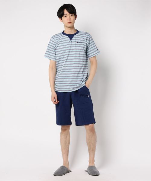Champion アンダーウェア メンズ スウェットセットアップ 半袖半パンツ 天竺ボーダー 天竺 ルームウェア パジャマ Champion チャンピオン のファッション