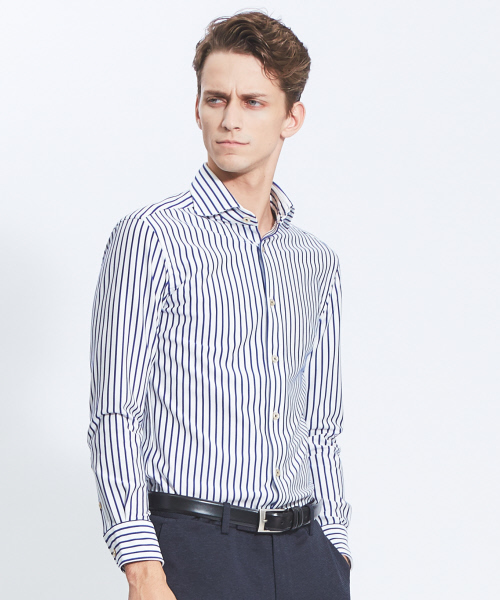 ABAHOUSE（アバハウス）の「【Recency of Mine】36Gコンパクトモックロディストライプシャツ（シャツ/ブラウス・メンズ・ネイビー/ブルー・44/46/48/50）」の2枚目の写真