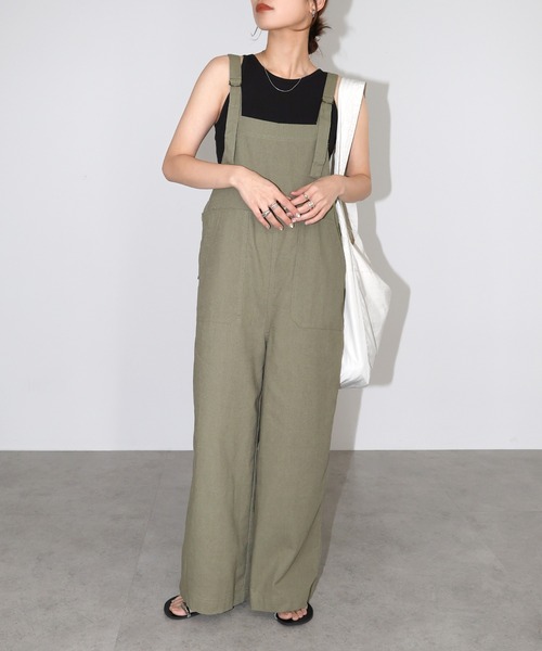 セール】【8色/3サイズ展開】リネン混ワイドベイカーサロペット