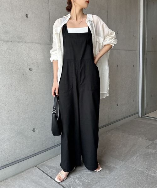 セール】【8色/3サイズ展開】リネン混ワイドベイカーサロペット