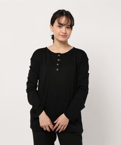STYLEBLOCK（スタイルブロック）の「ランダムリブフレアスリーブヘンリーネックロンT（Tシャツ/カットソー・レディース・ホワイト/ベージュ/ラベンダー/ブラック・M）」の7枚目の写真