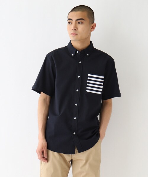BASECONTROL（ベースコントロール）の「◆ポケットボーダーデザイン 半袖オックスボタンダウンシャツ（シャツ/ブラウス・メンズ・アイボリー/ネイビー・02/04/03）」の2枚目の写真