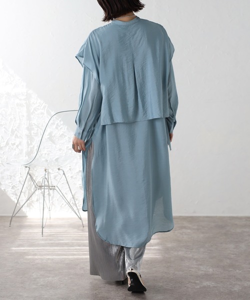 セール】バンドカラーデザインシャツワンピース（ワンピース