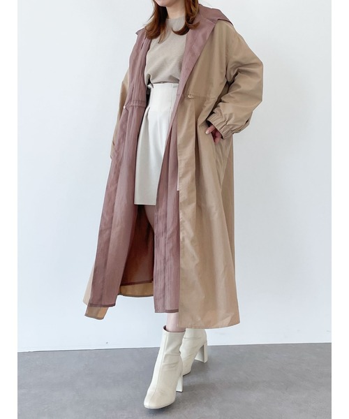 SLURR（スラ―）の「【再入荷・新色追加】シアーロング丈フードレイヤードアウター（ノーカラーコート・レディース・ベージュ/アイボリー/ライトカーキ・FREE）」の5枚目の写真