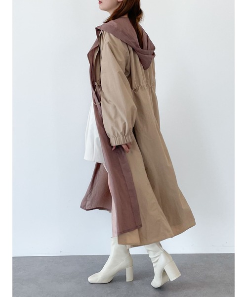 SLURR（スラ―）の「【再入荷・新色追加】シアーロング丈フードレイヤードアウター（ノーカラーコート・レディース・ベージュ/アイボリー/ライトカーキ・FREE）」の6枚目の写真