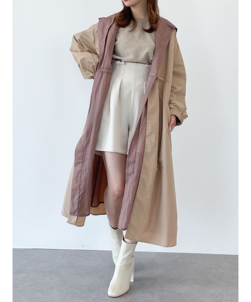 SLURR（スラ―）の「【再入荷・新色追加】シアーロング丈フードレイヤードアウター（ノーカラーコート・レディース・ベージュ/アイボリー/ライトカーキ・FREE）」の4枚目の写真