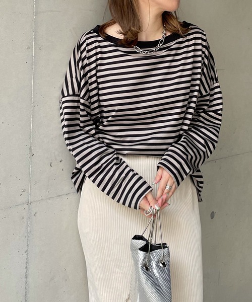 DouDou(ドゥドゥ)の「ボートネックボーダーT AW(Tシャツ/カットソー・レディース・グレー/オフホワイト/キャメル・FREE)」の3枚目の写真