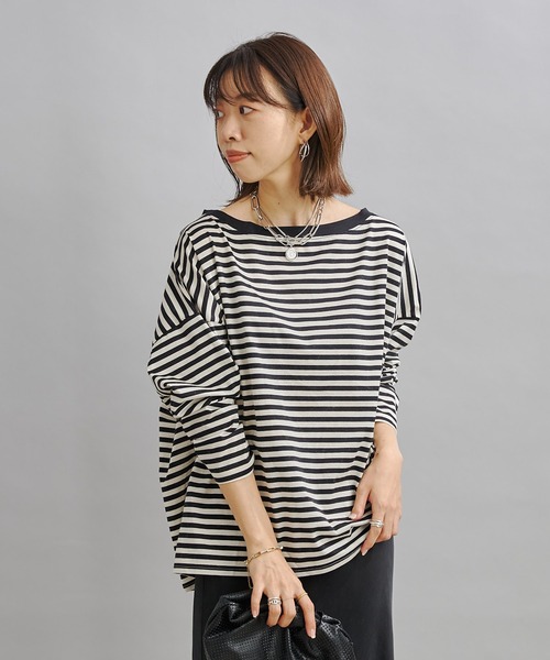 DouDou(ドゥドゥ)の「ボートネックボーダーT AW(Tシャツ/カットソー・レディース・グレー/オフホワイト/キャメル・FREE)」の2枚目の写真