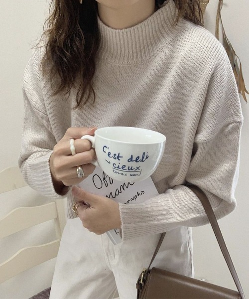 天竺編み長袖バックスリットニットトップス