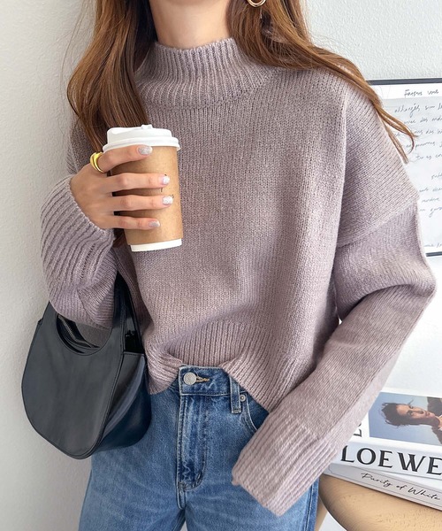 天竺編み長袖バックスリットニットトップス