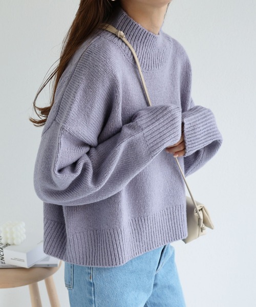 天竺編み長袖バックスリットニットトップス