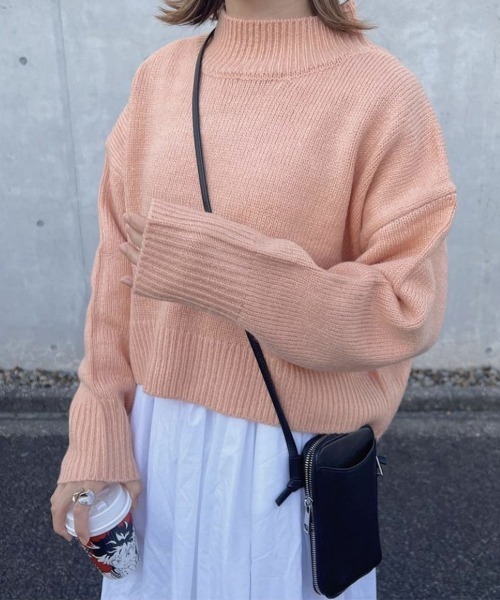 天竺編み長袖バックスリットニットトップス