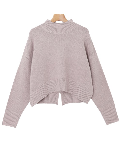天竺編み長袖バックスリットニットトップス