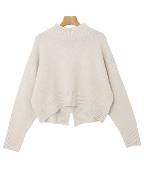 天竺編み長袖バックスリットニットトップス