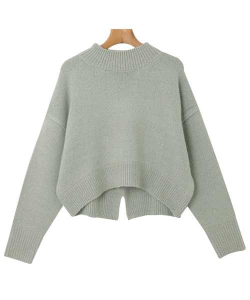 天竺編み長袖バックスリットニットトップス