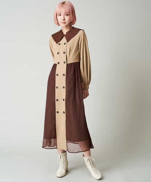 A de a.v.v(アードアー・ヴェ・ヴェ)の「楊柳シフォンドッキングビック衿ワンピース(ワンピース・レディース・ベージュ/カーキ・39)」の1枚目の写真