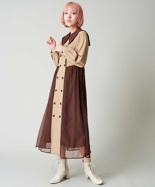 A de a.v.v(アードアー・ヴェ・ヴェ)の「楊柳シフォンドッキングビック衿ワンピース(ワンピース・レディース・ベージュ/カーキ・39)」の5枚目の写真
