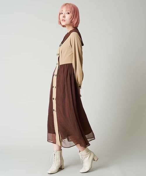 A de a.v.v(アードアー・ヴェ・ヴェ)の「楊柳シフォンドッキングビック衿ワンピース(ワンピース・レディース・ベージュ/カーキ・39)」の6枚目の写真