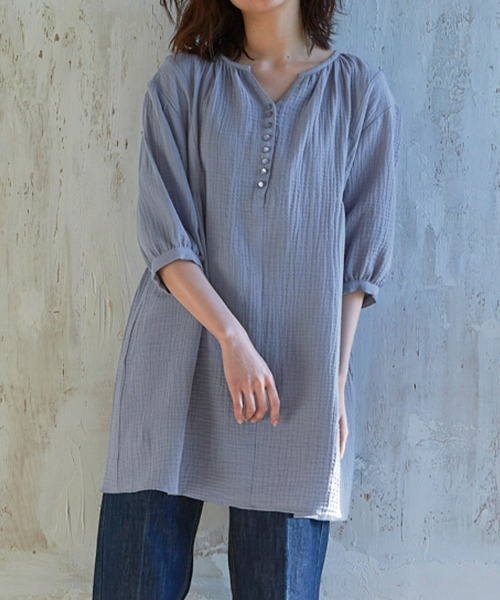 RANAN（ラナン）の「綿１００％ふんわりダブルガーゼチュニック（Tシャツ/カットソー・レディース・ブルー/サンドグレー・L/M/LL）」の2枚目の写真
