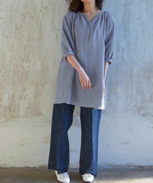 RANAN（ラナン）の「綿１００％ふんわりダブルガーゼチュニック（Tシャツ/カットソー・レディース・ブルー/サンドグレー・L/M/LL）」の9枚目の写真