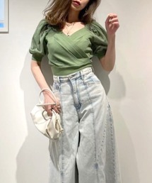 袖シアーカシュクールニットトップス
