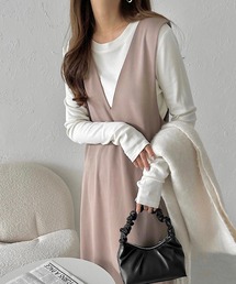 andme | きれいめポンチVネックAラインワンピース(ジャンパースカート)