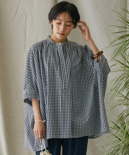 AMERICAN HOLIC(アメリカンホリック)の「バンドカラーポンチョシャツ(シャツ/ブラウス・レディース・ブラック/ベージュ/オフホワイト/その他5/ストライプ・M/L)」の4枚目の写真