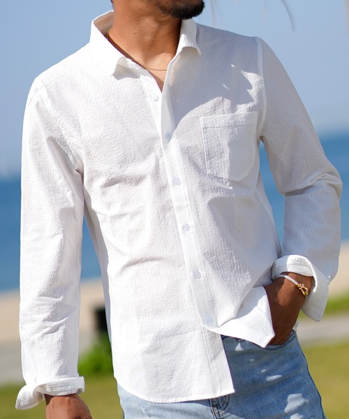 アダムスジャグラー ホワイト シャツ サイズS adamsJUGGLER（アダムスジャグラー）の「K-ONEシアサッカー