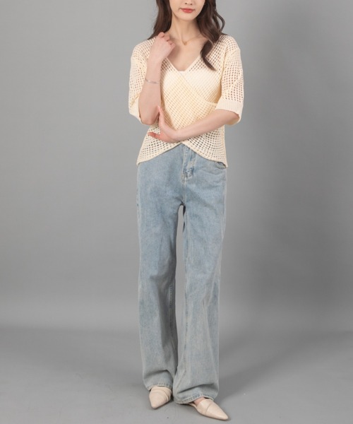 solleim（ソルレム）の「フロントアシメメッシュニット（ニット/セーター・レディース・ブラック/ベージュ・M）」の9枚目の写真