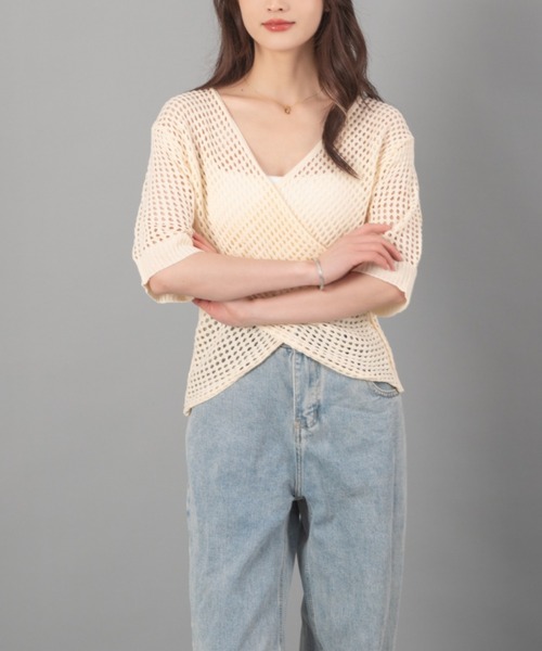 solleim（ソルレム）の「フロントアシメメッシュニット（ニット/セーター・レディース・ブラック/ベージュ・M）」の10枚目の写真