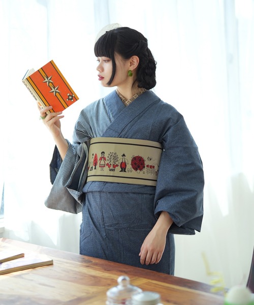 アデリアレトロ×ニコアンティーク　デニム着物　帯セット アデリアレトロ×ニコアンティーク】デニム着物・帯セット（着物
