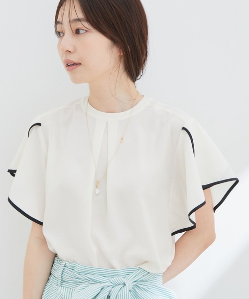 VIS（ビス）の「花柄＆無地スタンドネックパイピングスリーブブラウス（シャツ/ブラウス・レディース・ホワイト系その他/ブルー系その他/キナリ/ブラウン系その他2・FREE）」の3枚目の写真