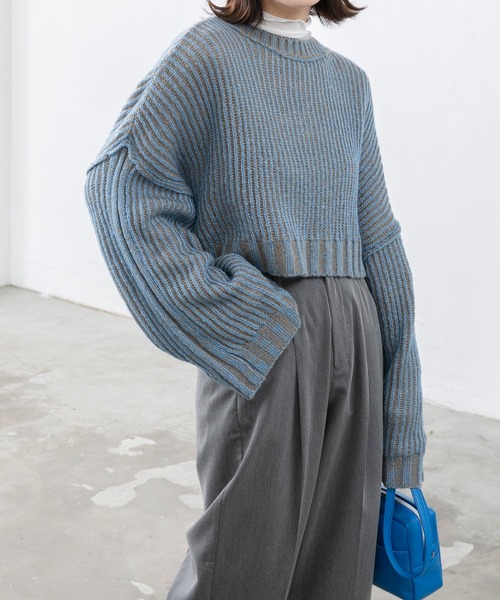 BONLECILL（ボンルシール）の「ストライプ クロップドニットプルオーバー（ニット/セーター・レディース・ブラウン/グリーン/ブラック/ワイン・FREE）」の13枚目の写真