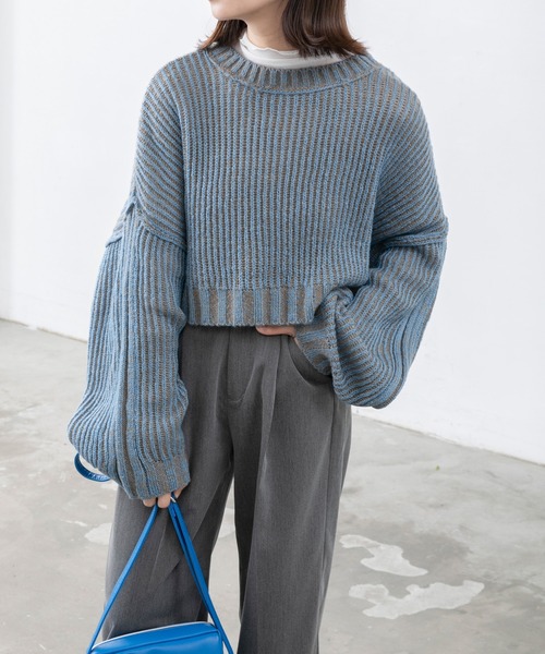 BONLECILL（ボンルシール）の「ストライプ クロップドニットプルオーバー（ニット/セーター・レディース・ブラウン/グリーン/ブラック/ワイン・FREE）」の14枚目の写真