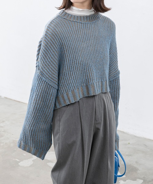 BONLECILL（ボンルシール）の「ストライプ クロップドニットプルオーバー（ニット/セーター・レディース・ブラウン/グリーン/ブラック/ワイン・FREE）」の15枚目の写真