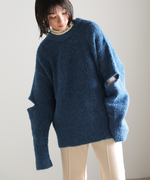 select MOCA（セレクトモカ）の「オープンスリーブブークレーニット（ニット/セーター・レディース・オリーブ/ブルー/チャコール・FREE）」の3枚目の写真