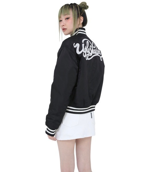 UGLY SHADOW(アグリーシャドウ)の「【Ugly shadow/アグリーシャドウ】BASEBALL JUMPER / ベースボールジャケット ジャンパー ジャンバー アウター 羽織 秋服 冬服 スカジャン ブルゾン Y2K(ブルゾン・レディース・ブラック/ダークブルー・ONE SIZE)」の3枚目の写真