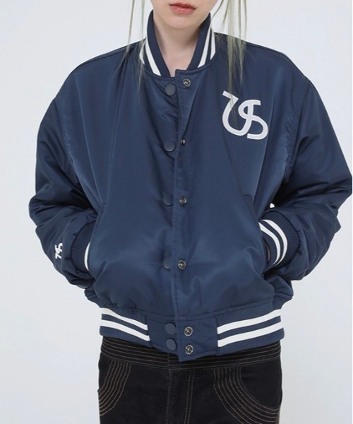 UGLY SHADOW(アグリーシャドウ)の「【Ugly shadow/アグリーシャドウ】BASEBALL JUMPER / ベースボールジャケット ジャンパー ジャンバー アウター 羽織 秋服 冬服 スカジャン ブルゾン Y2K(ブルゾン・レディース・ブラック/ダークブルー・ONE SIZE)」の21枚目の写真