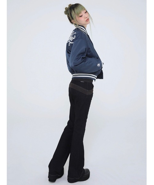 UGLY SHADOW(アグリーシャドウ)の「【Ugly shadow/アグリーシャドウ】BASEBALL JUMPER / ベースボールジャケット ジャンパー ジャンバー アウター 羽織 秋服 冬服 スカジャン ブルゾン Y2K(ブルゾン・レディース・ブラック/ダークブルー・ONE SIZE)」の14枚目の写真