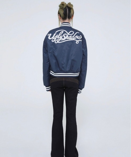 UGLY SHADOW(アグリーシャドウ)の「【Ugly shadow/アグリーシャドウ】BASEBALL JUMPER / ベースボールジャケット ジャンパー ジャンバー アウター 羽織 秋服 冬服 スカジャン ブルゾン Y2K(ブルゾン・レディース・ブラック/ダークブルー・ONE SIZE)」の20枚目の写真