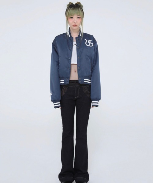UGLY SHADOW(アグリーシャドウ)の「【Ugly shadow/アグリーシャドウ】BASEBALL JUMPER / ベースボールジャケット ジャンパー ジャンバー アウター 羽織 秋服 冬服 スカジャン ブルゾン Y2K(ブルゾン・レディース・ブラック/ダークブルー・ONE SIZE)」の17枚目の写真