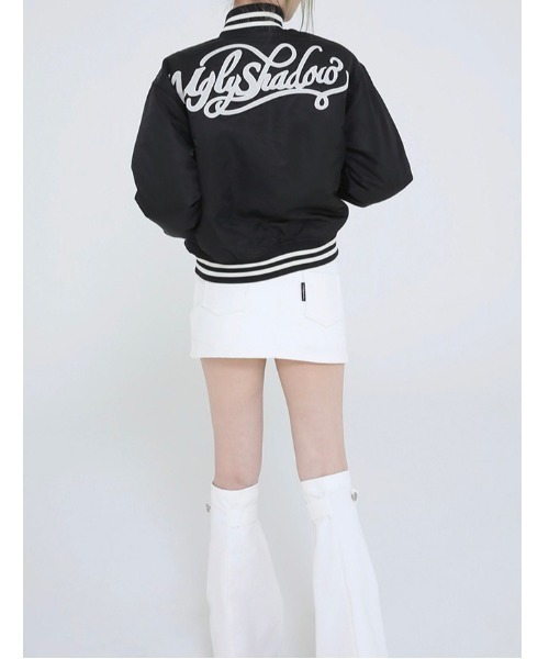 UGLY SHADOW(アグリーシャドウ)の「【Ugly shadow/アグリーシャドウ】BASEBALL JUMPER / ベースボールジャケット ジャンパー ジャンバー アウター 羽織 秋服 冬服 スカジャン ブルゾン Y2K(ブルゾン・レディース・ブラック/ダークブルー・ONE SIZE)」の7枚目の写真