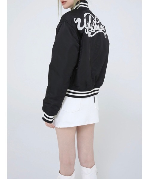 UGLY SHADOW(アグリーシャドウ)の「【Ugly shadow/アグリーシャドウ】BASEBALL JUMPER / ベースボールジャケット ジャンパー ジャンバー アウター 羽織 秋服 冬服 スカジャン ブルゾン Y2K(ブルゾン・レディース・ブラック/ダークブルー・ONE SIZE)」の6枚目の写真